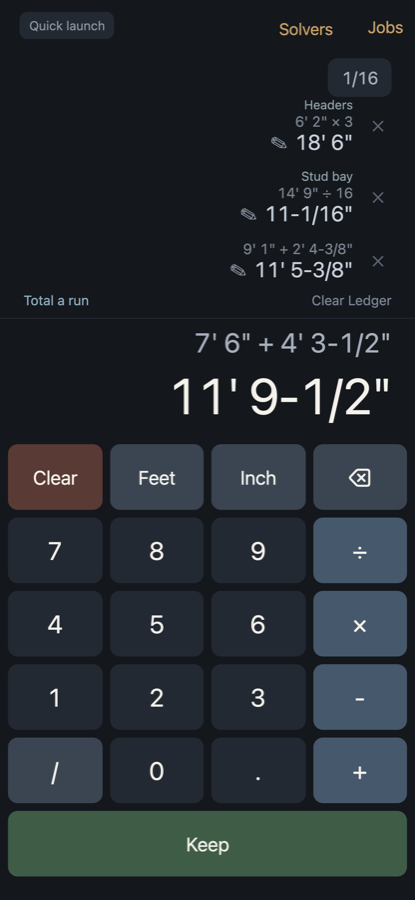 Birdsmouth showing a ledger of labelled feet-inch calculations above the keypad, with the current total displayed as 11 feet 9 and a half inches.