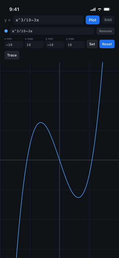 Graphable plotting the function x^3/10 minus 3x, with the window fields and a Trace button above the graph.